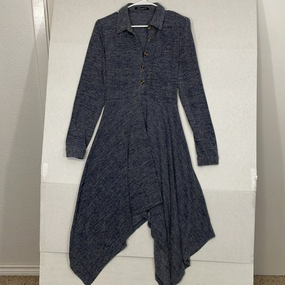 Simplee Long Sleeve Dress, Soft Knit, Shark Bite Hem, Tie Waist, Gray, Medium